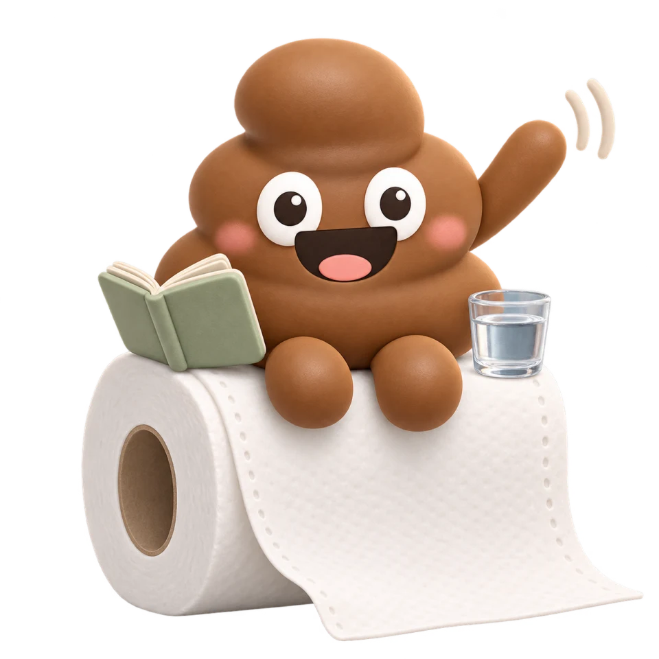 Poopy waving from a toilet-paper roll with a notebook and glass of water.