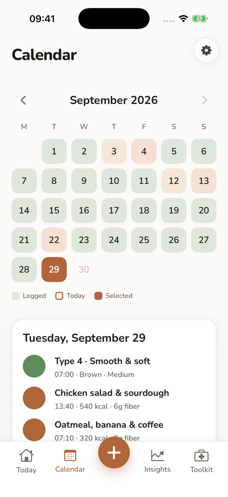 Calendar showing sample logged days and the entries for a selected day.